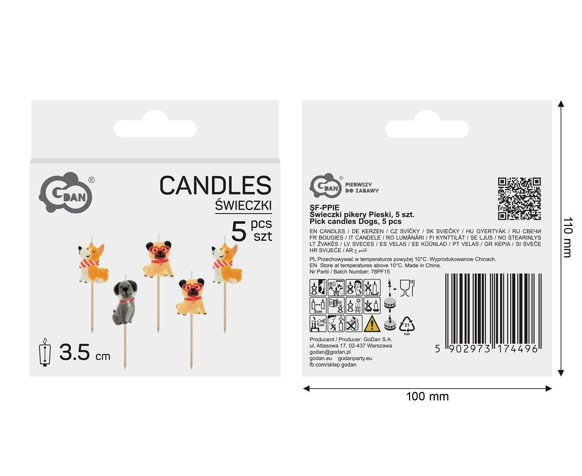 Pick candles Dogs, total length 7,5 cm, 5 pcs